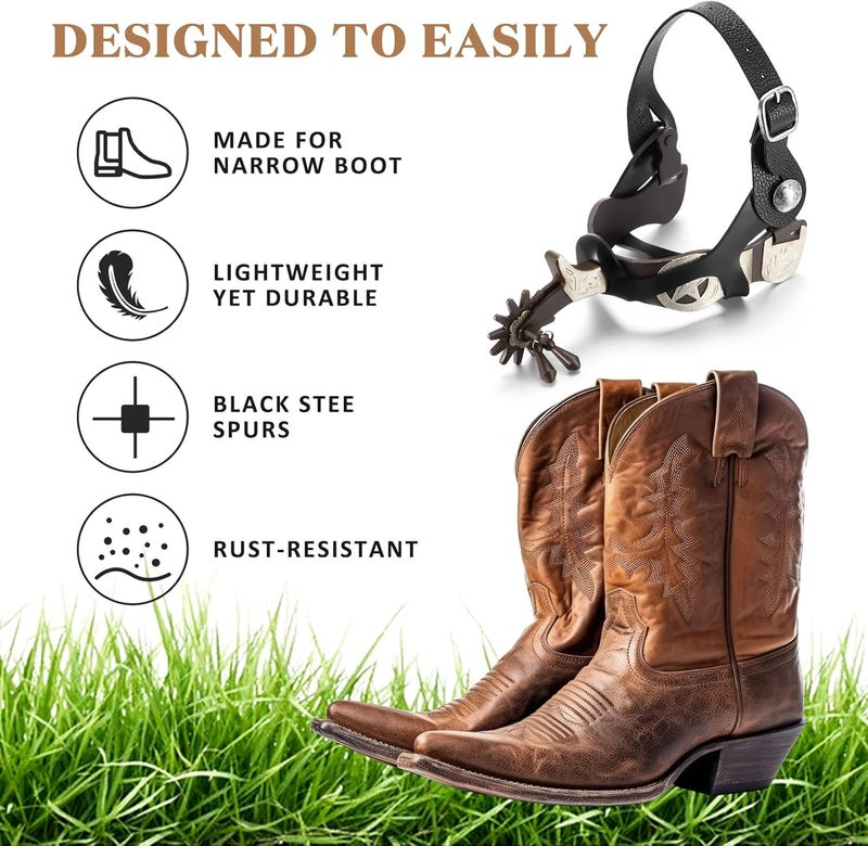 BrightRow 2 Pack Spurs for Cowboy Boots Men with 2 Pcs Leather Belt and Tie Down Straps, Stainless Steel Western English Horse Spurs with Rotatable Gear, Equestrian Riding Accessories - Image 4